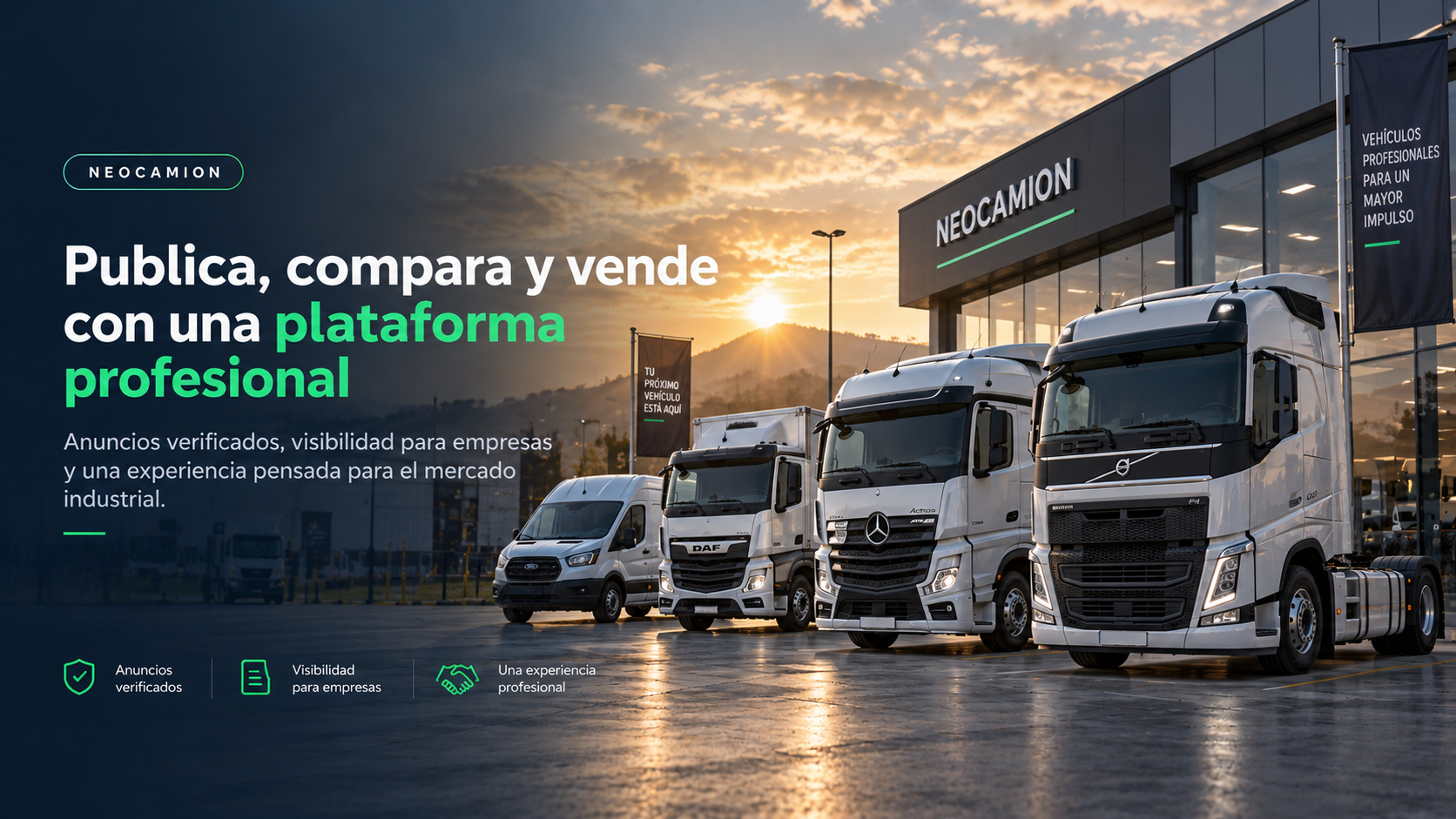 Flota variada de vehículos industriales en un concesionario profesional