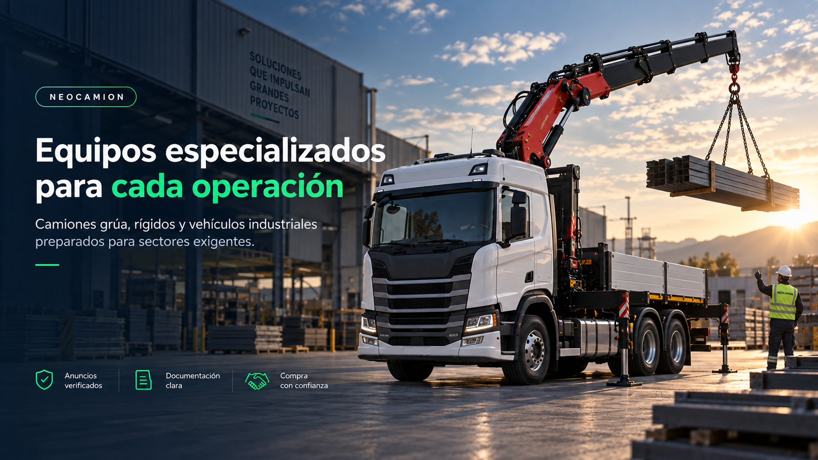 Camión grúa levantando material en una obra industrial
